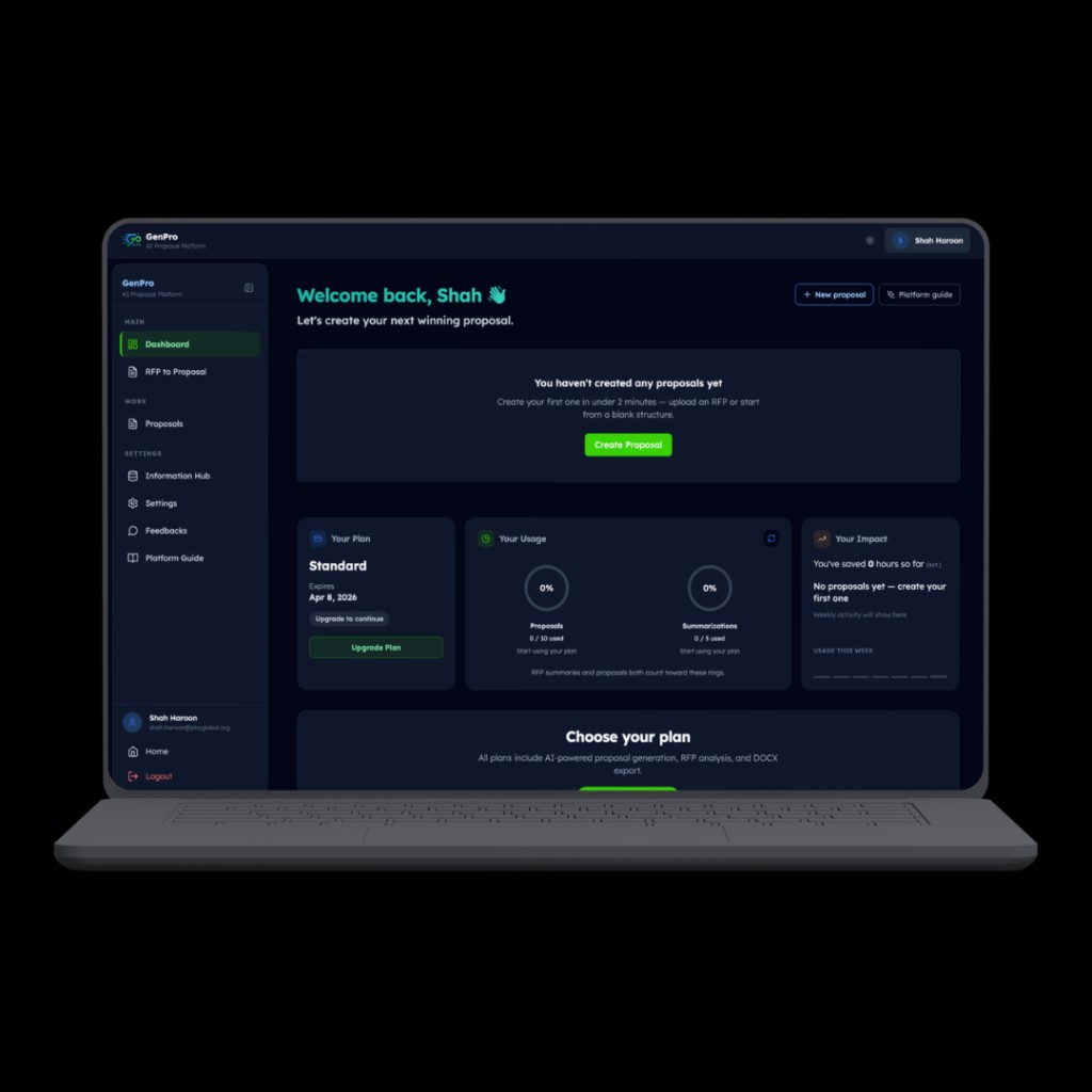 GenPro dark mode dashboard on laptop