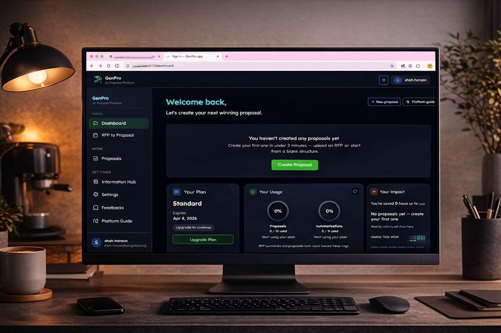 GenPro dashboard displayed on a desktop monitor