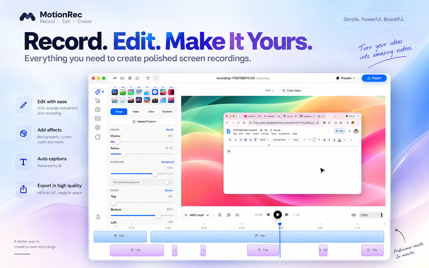 MotionRec automatic zoom markers on the editing timeline
