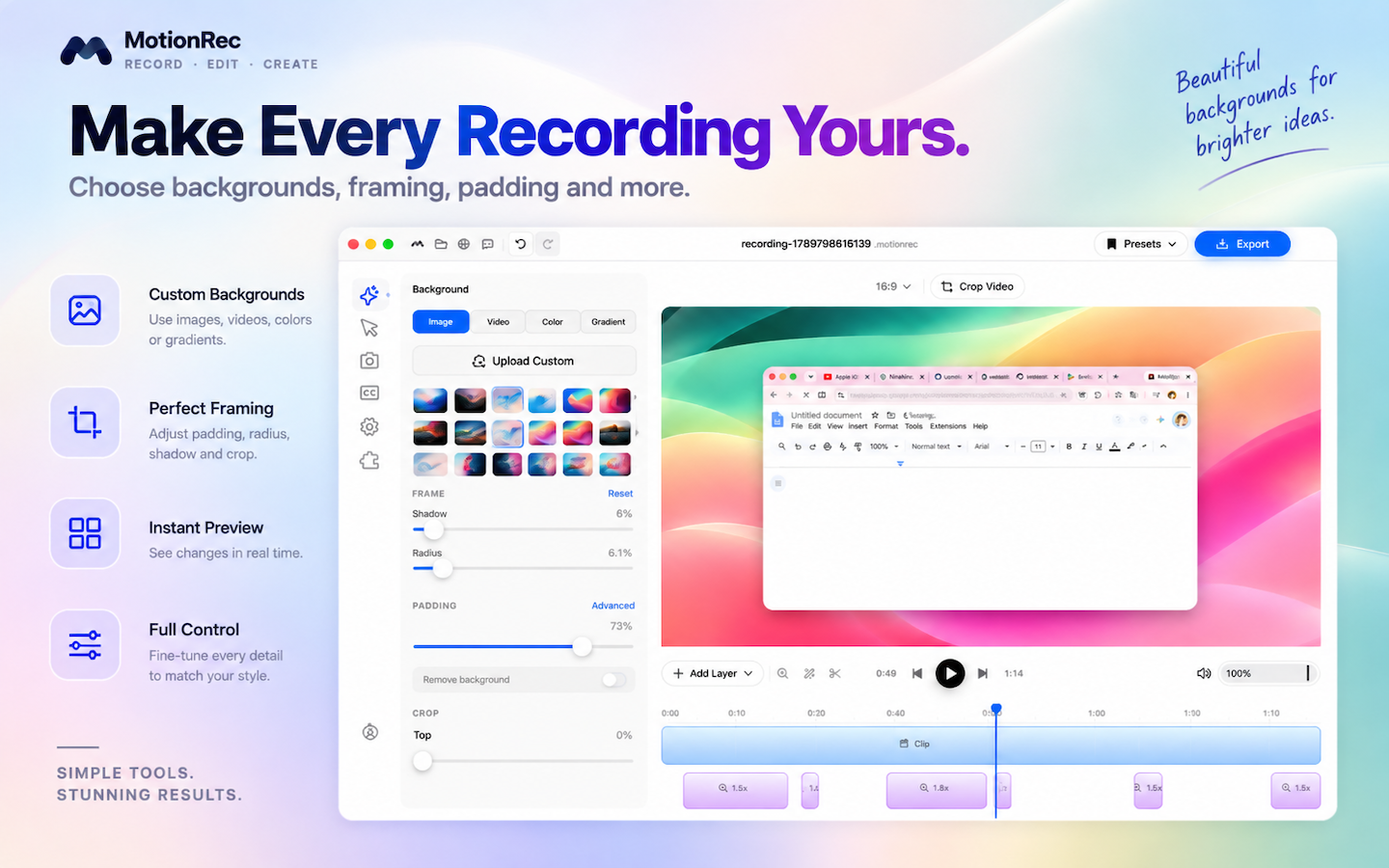 MotionRec background and framing controls in the editor