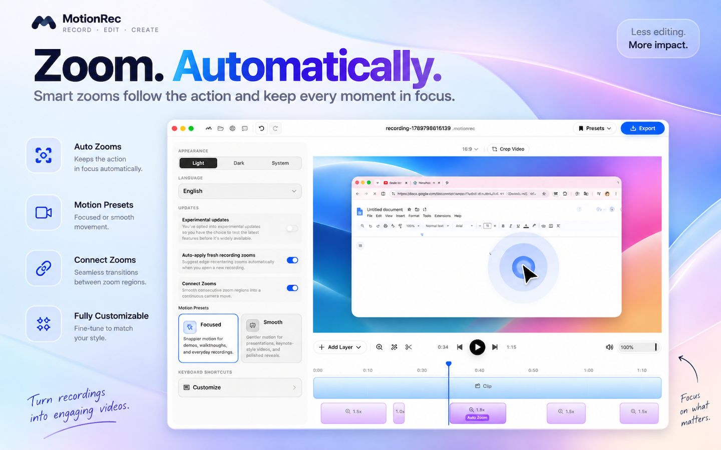 MotionRec captions panel generating and styling on-screen captions