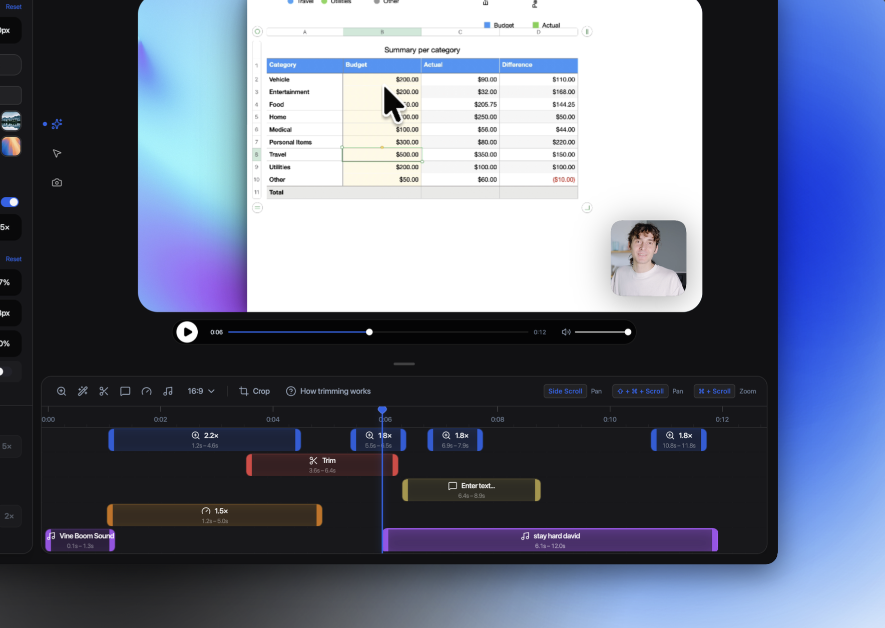 MotionRec timeline editor with clip and zoom tracks