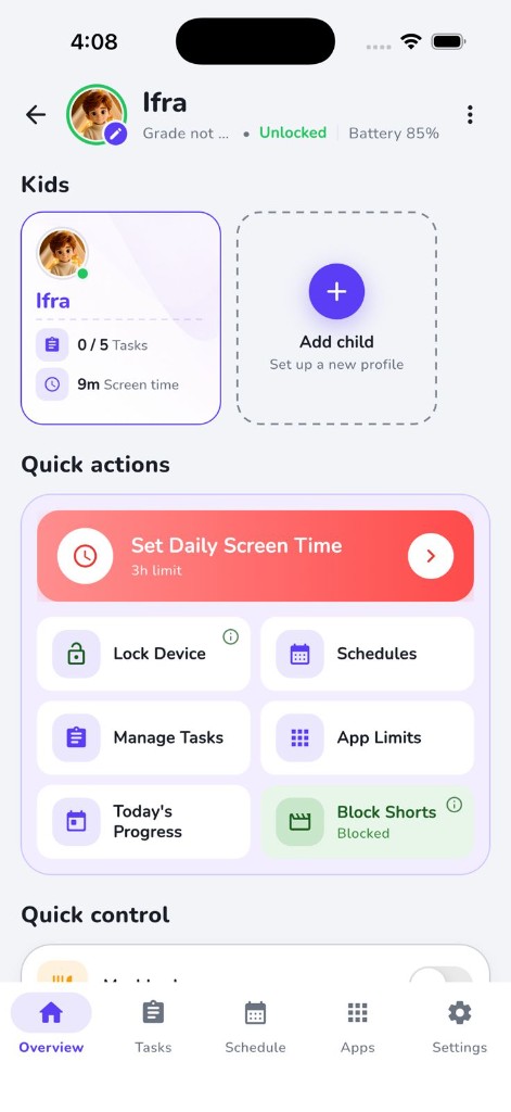 NinaNino parent dashboard on iOS